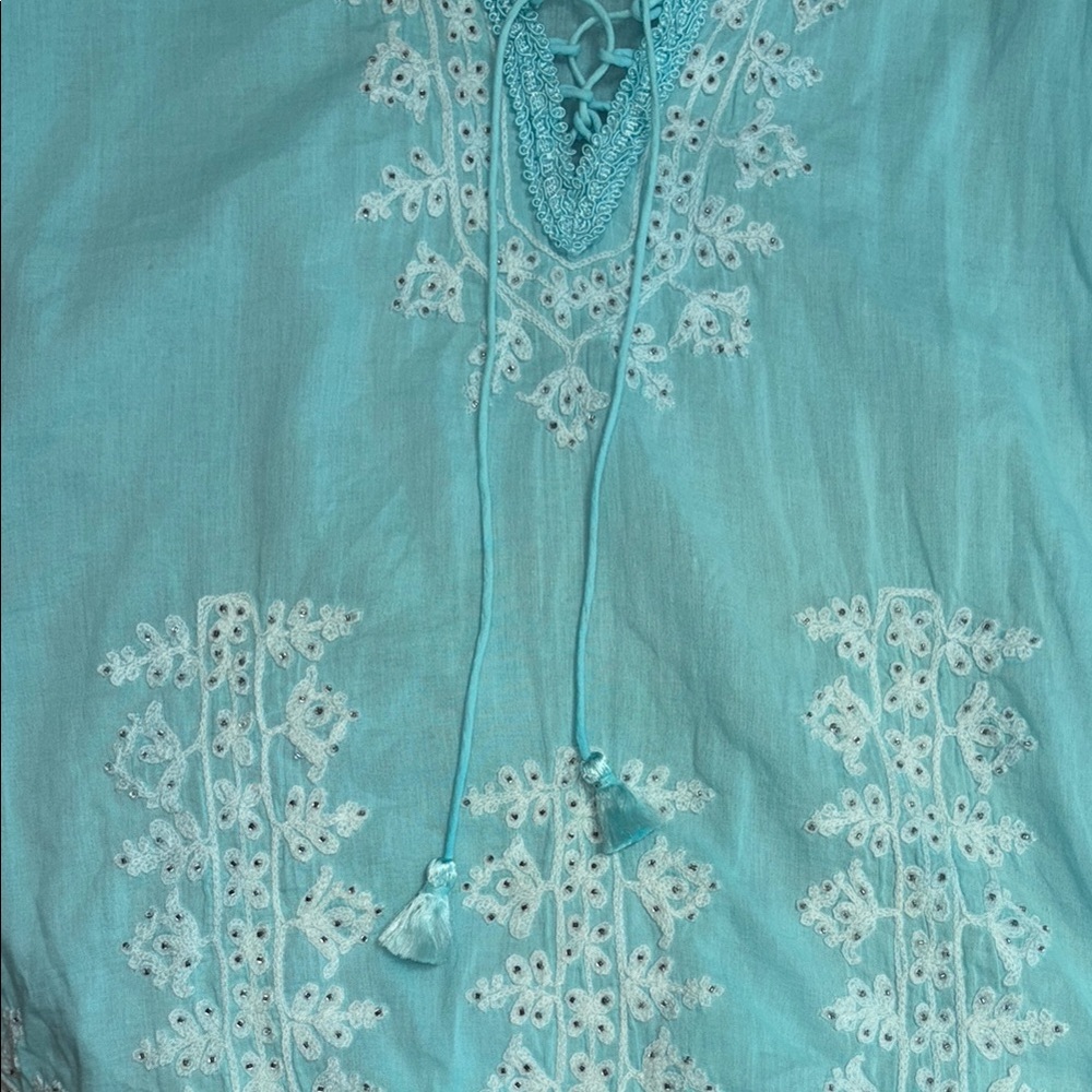 Melissa Odabash Sea Blue Embroidered Beaded Tunic Cover-Up Aqua Boho Luxe - Picture 8 of 11